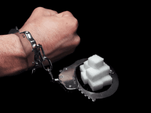 Man's hand is in police cuffs and the other half of the cuff is around cubes of sugar.