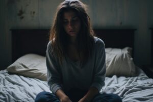 Woman sits on edge of bed after long night of smoking Adderall